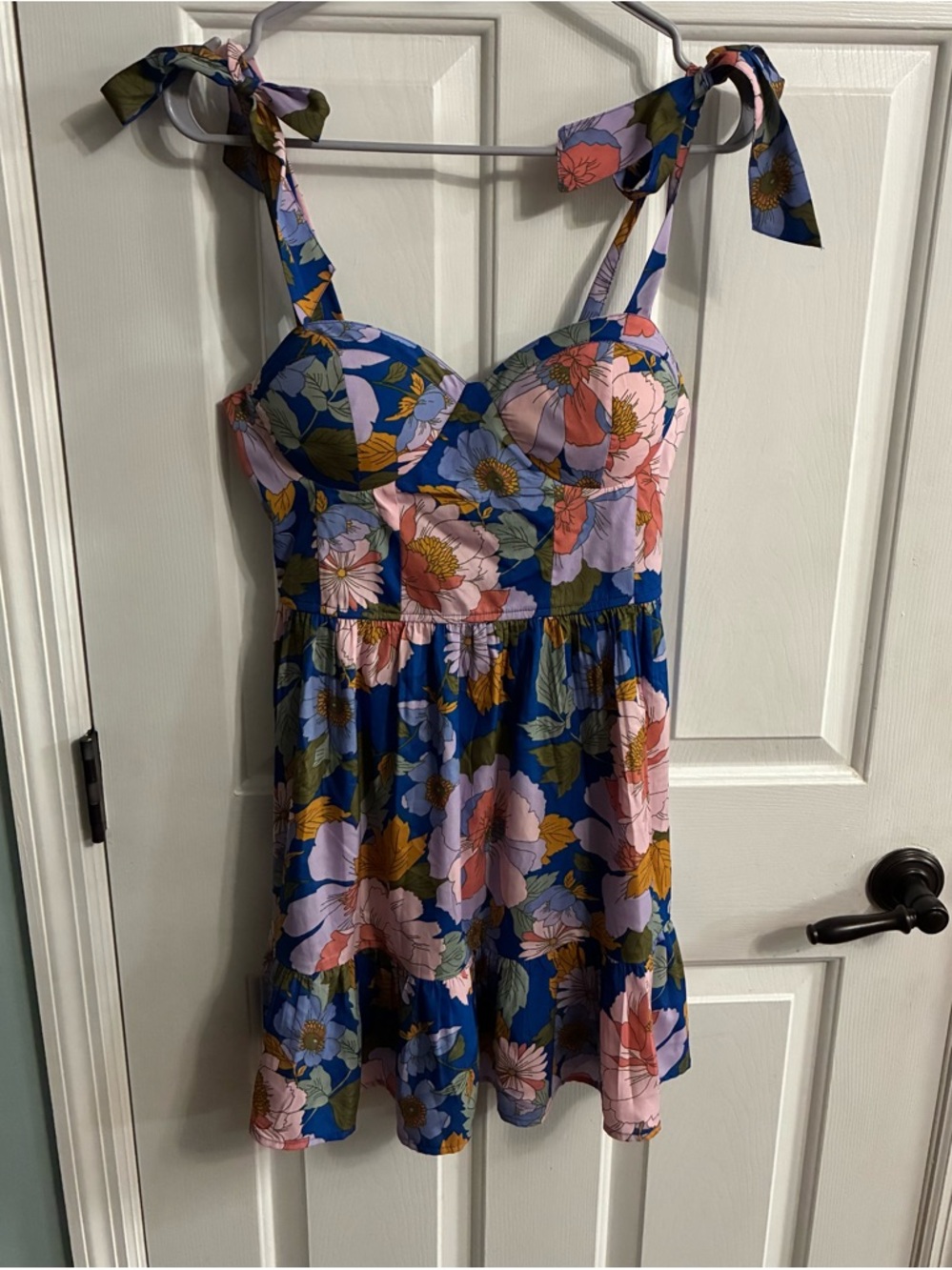 Floral Tie-Shoulder Mini Dress in Blue and Pink